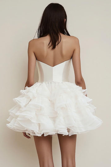 Strapless Ruffle A Line White Graduation Dress